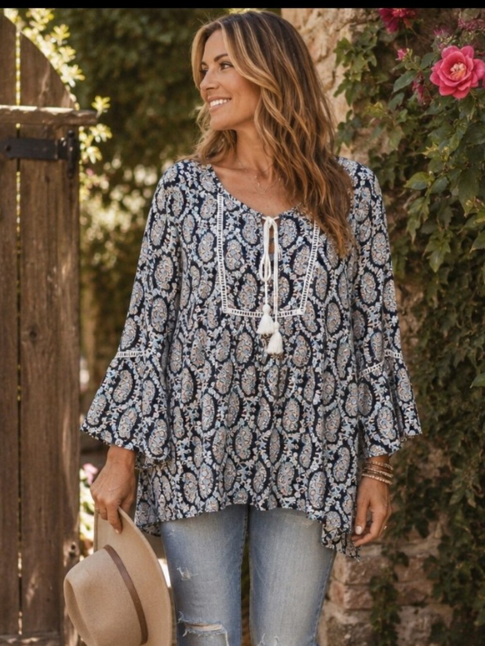 Hazel 1X Boho Paisley Peasant Blouse Bell Sleeve Tassel Tie Rayon Top Plus Size